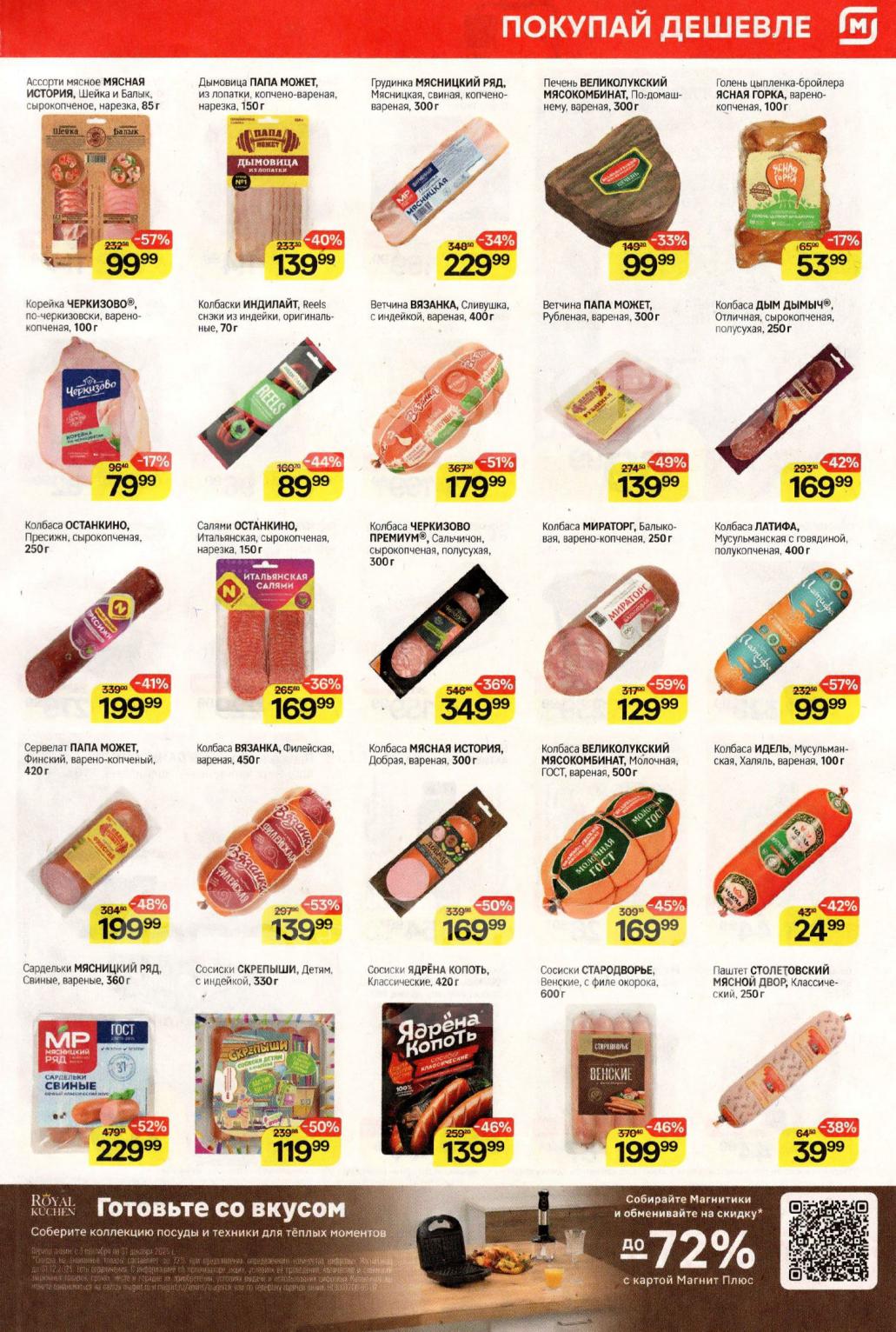 Выгодные цены по карте в Магните: сырокопченые колбасы, ветчина, сосиски. Колбаса Черкизово Премиум, сервелат Папа Может.